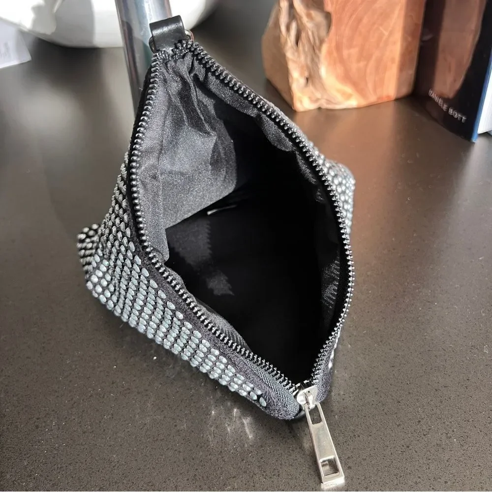 Black Triangular Studded Pouch with Silver Chain Zipper